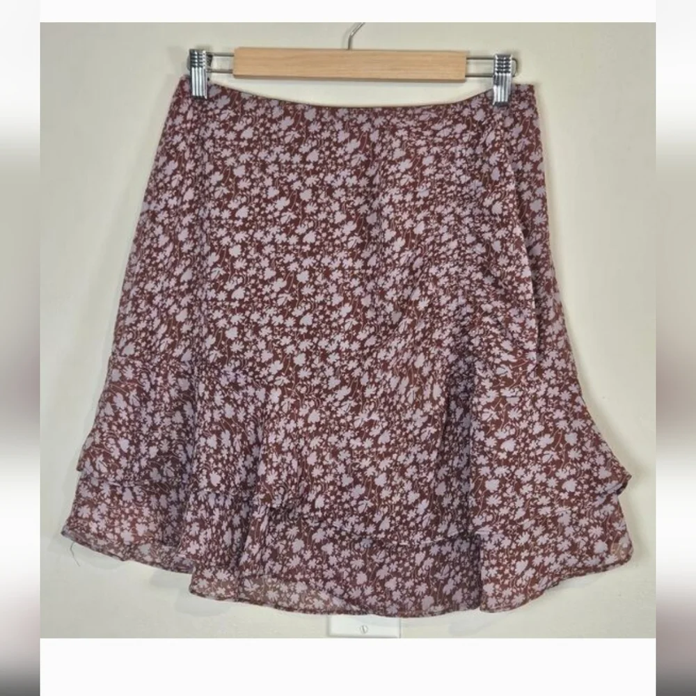 Lulu’s LUSH Always Carefree Rust Brown Floral Print Ruffled Mini Skirt Size Med